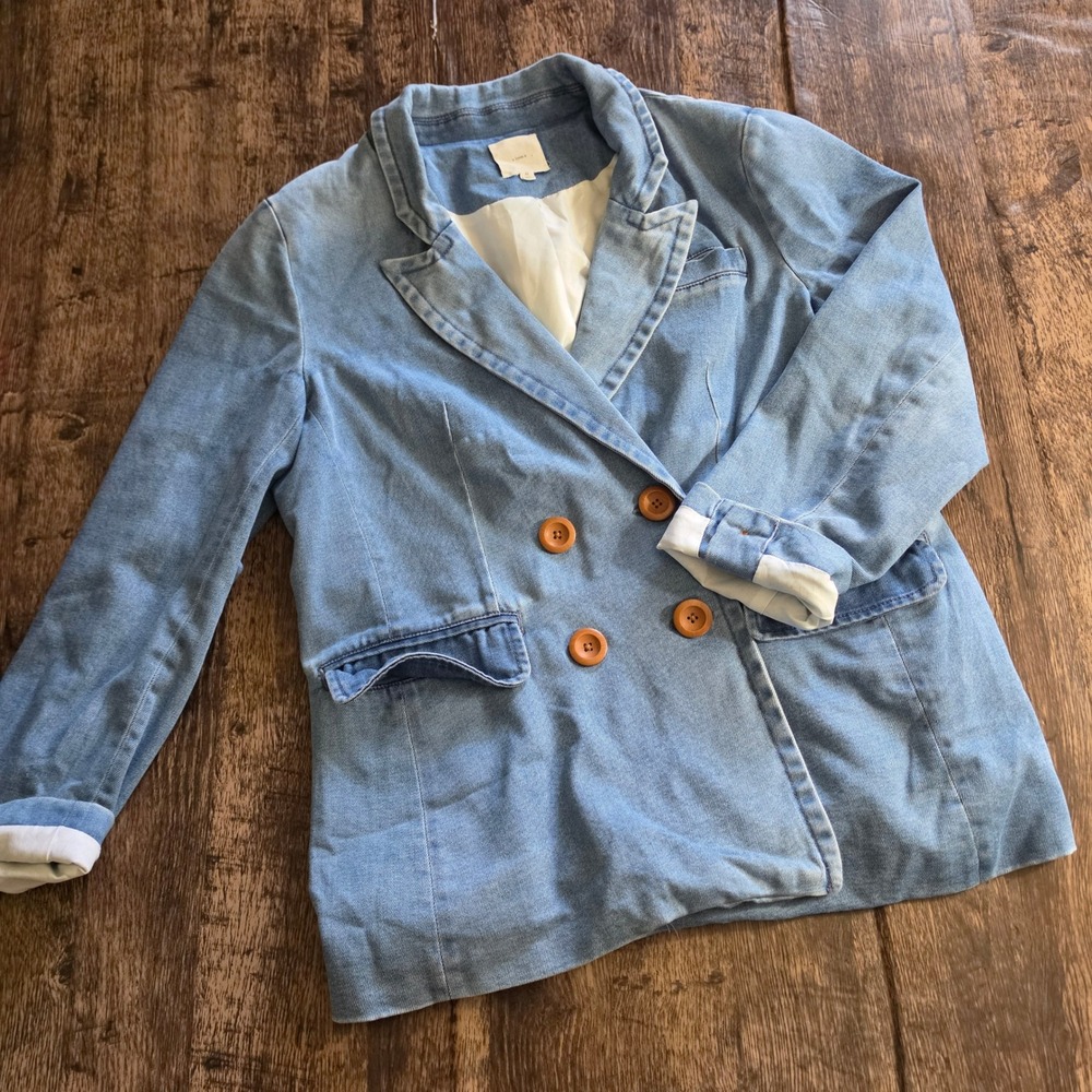 A LOVES A Denim Blazer Women XL‎ Blue Double Breasted Lined Stretch Light Wash